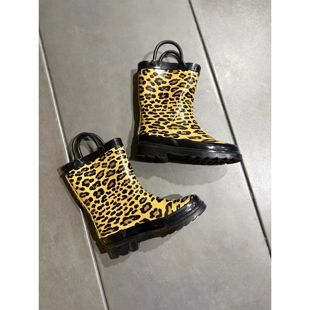 Vintage Western Chief Kids Leopard Print Rain Boots Yellow Pull Handles Size 9